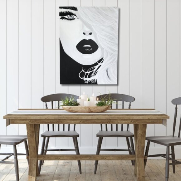 Hand-painted Art black and white woman, Acrylic paint, canvas 30x40 in - Picture 2 of 7